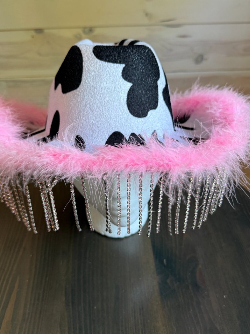 Western Cowboy Hat Black white Cow Pattern pink Trim Dangling Bead Cowgirl